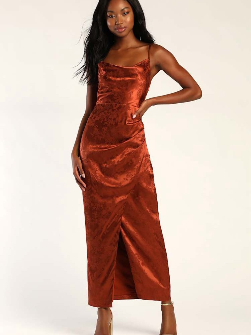 Lulus Under the Moonlight Rust Satin Maxi Dress with Front Slit